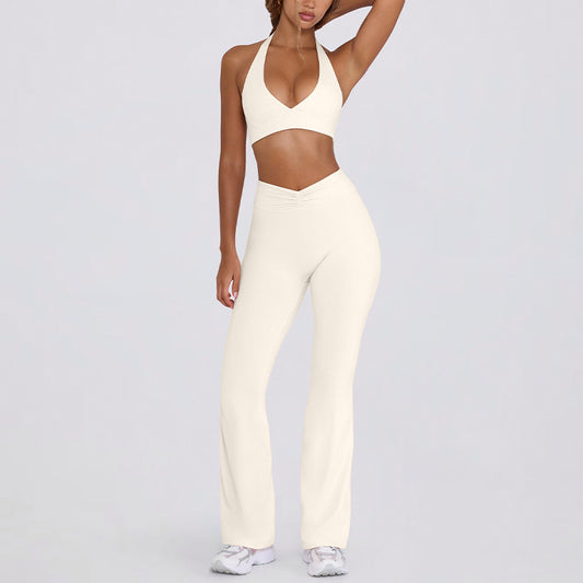 Backless halter neck sports bra set for running fitness flared pants yoga wear