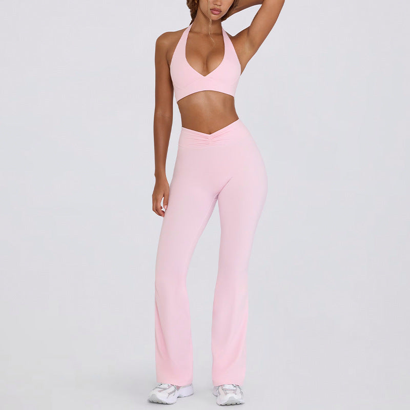 Backless halter neck sports bra set for running fitness flared pants yoga wear