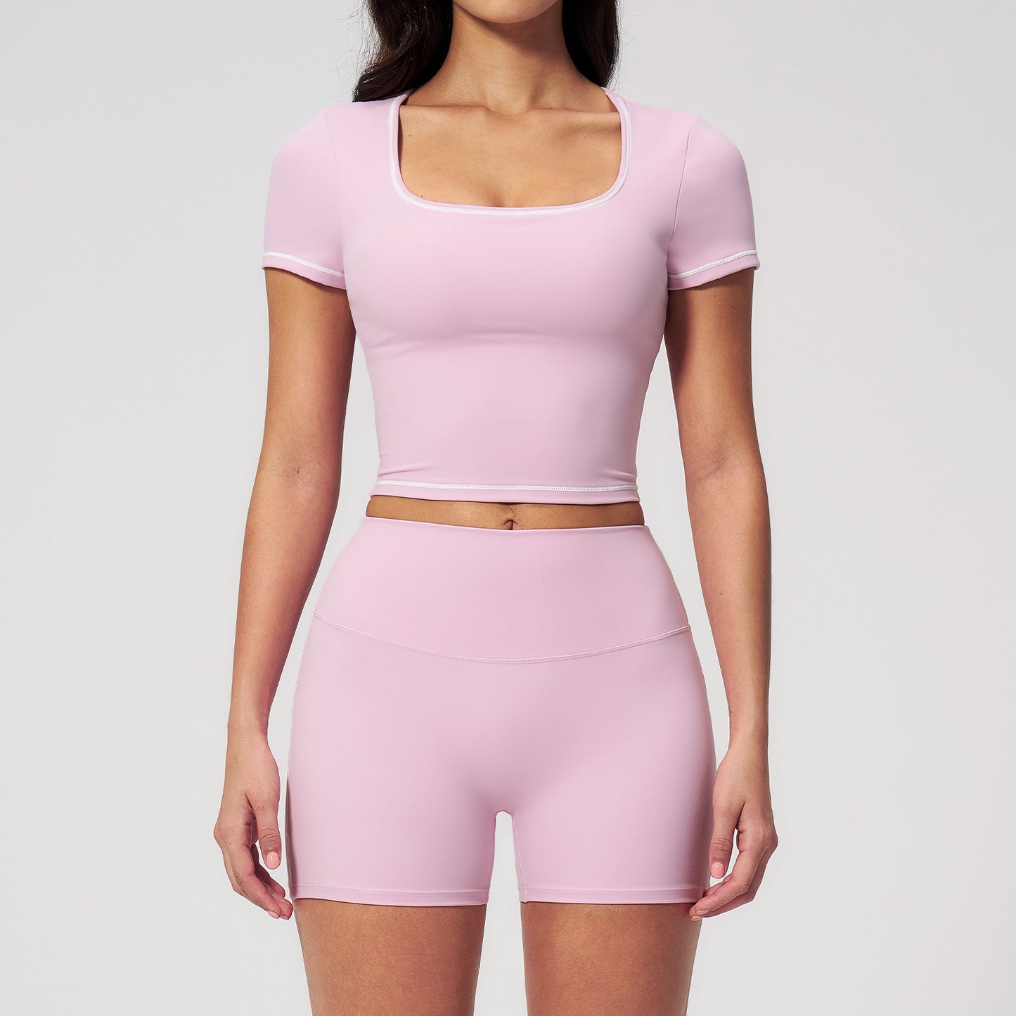 New quick-drying short-sleeved yoga set with high-waisted, stretchy athletic shorts