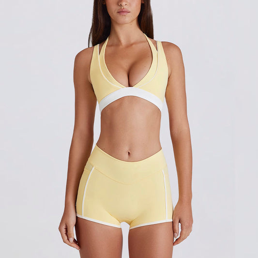 Faux two-piece color-blocked white striped running and fitness shorts set