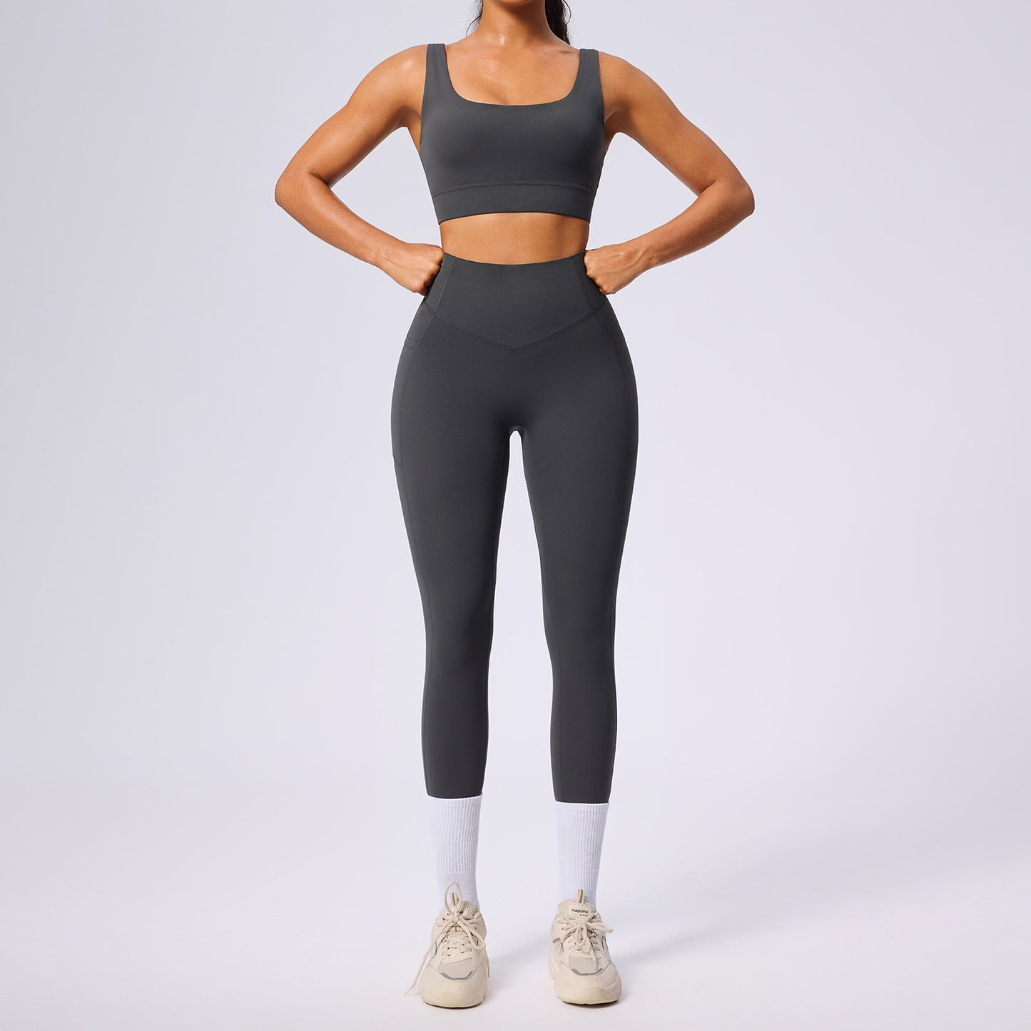 Women's high-waist shaping sport set with abdominal compression and pockets for yoga