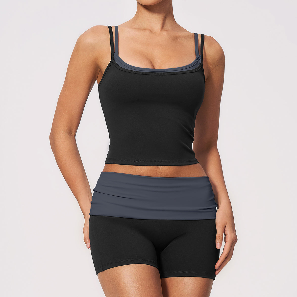 Color-blocked faux two-piece waist-cinching high-waistedhip-lifting fitness yoga wear