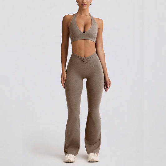 Backless halter neck sports bra set for running fitness flared pants yoga wear