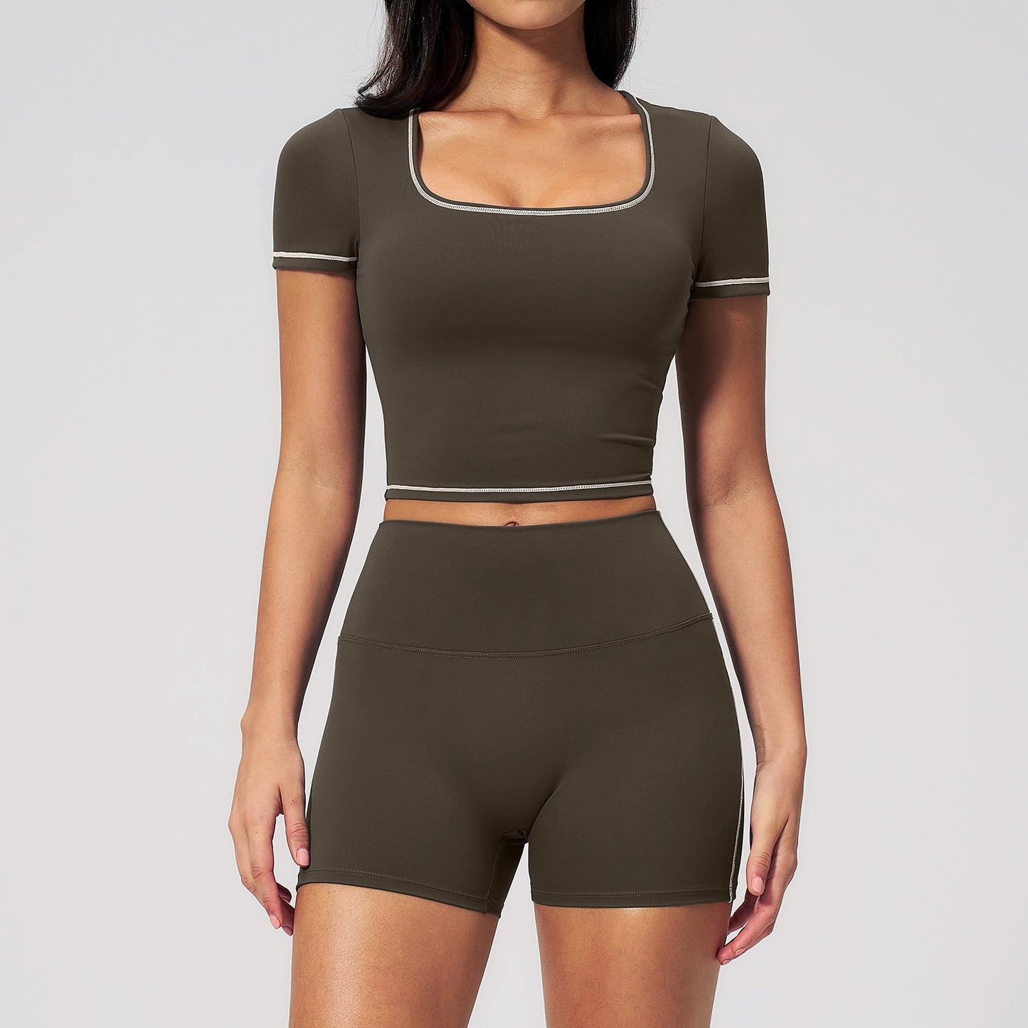 New quick-drying short-sleeved yoga set with high-waisted, stretchy athletic shorts