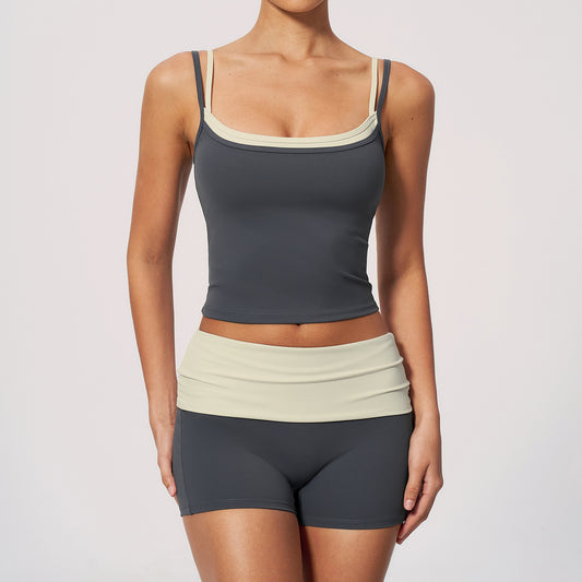 Color-blocked faux two-piece waist-cinching high-waistedhip-lifting fitness yoga wear