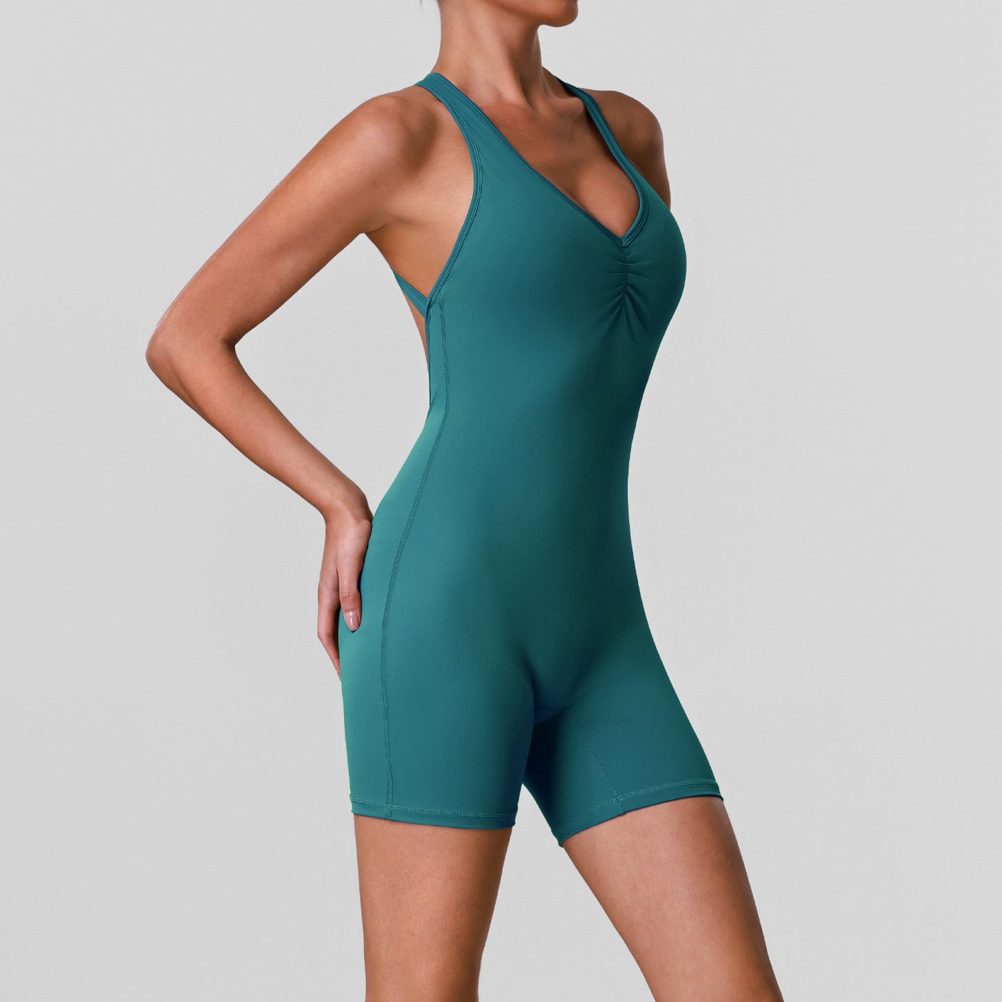 V-neck jumpsuit with chest cushion and quick drying yoga shorts