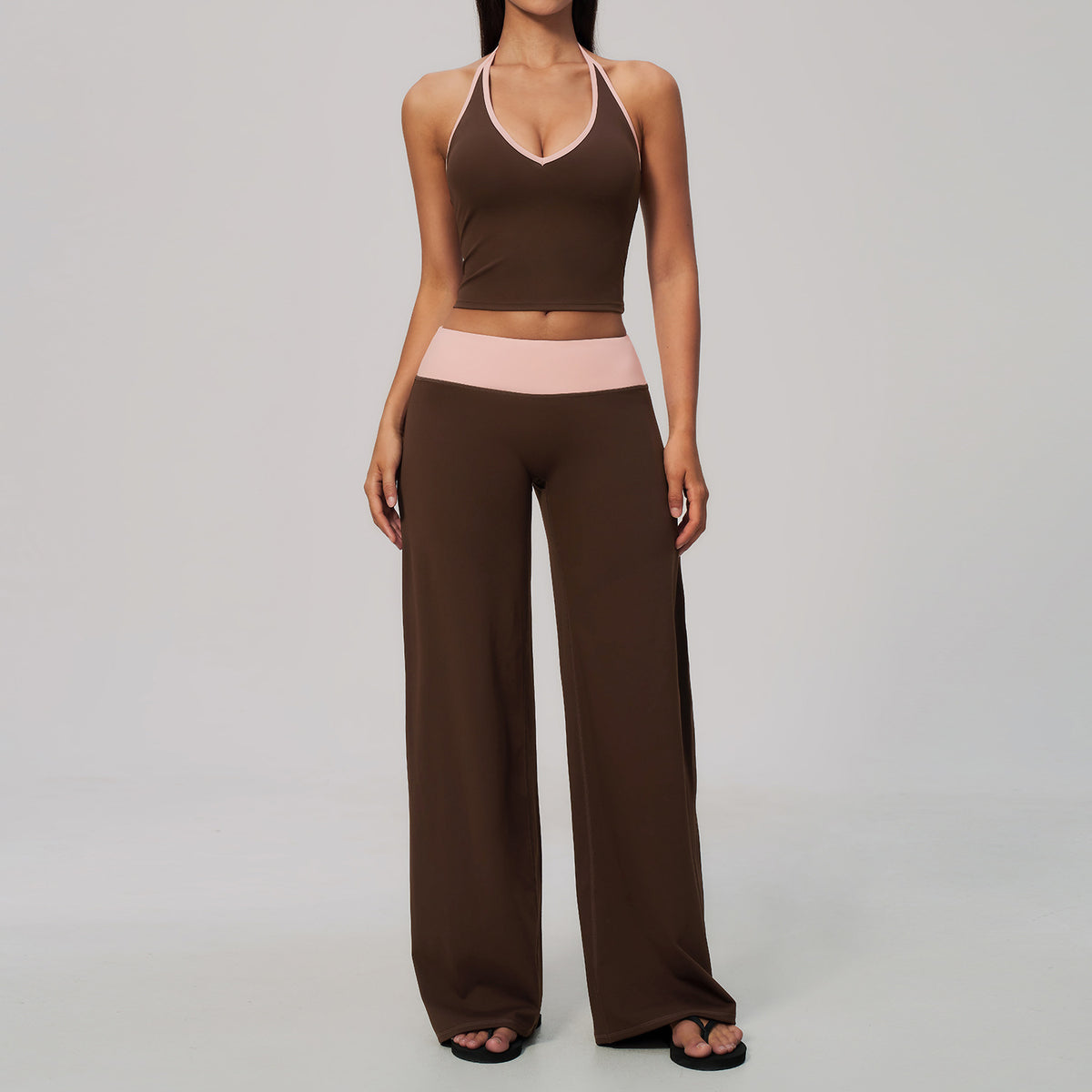 Halter neck color-blocked bras with high-waisted hip-lifting sports quick-drying pants set