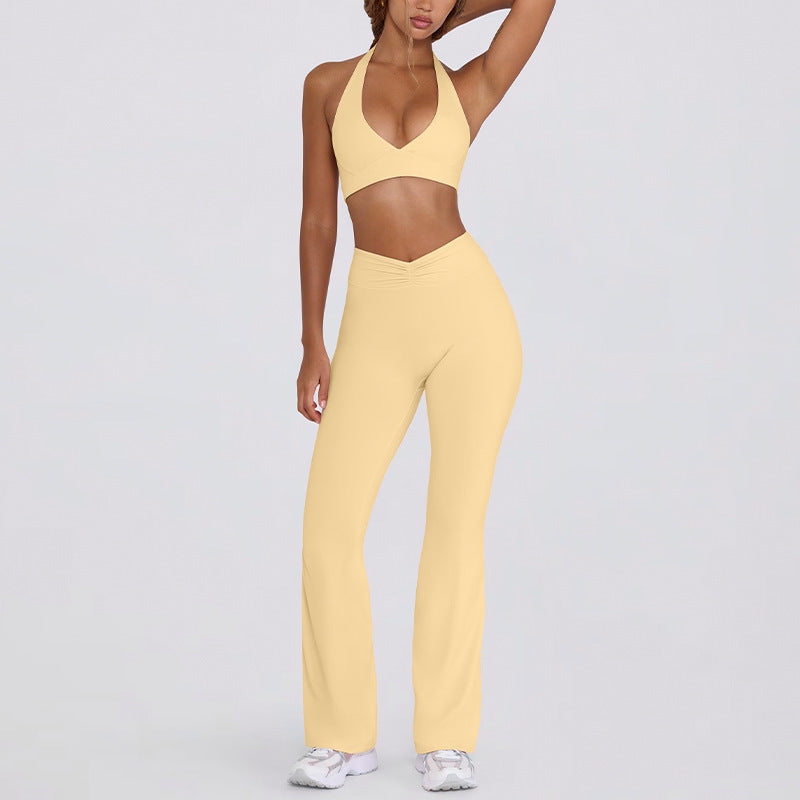 Backless halter neck sports bra set for running fitness flared pants yoga wear