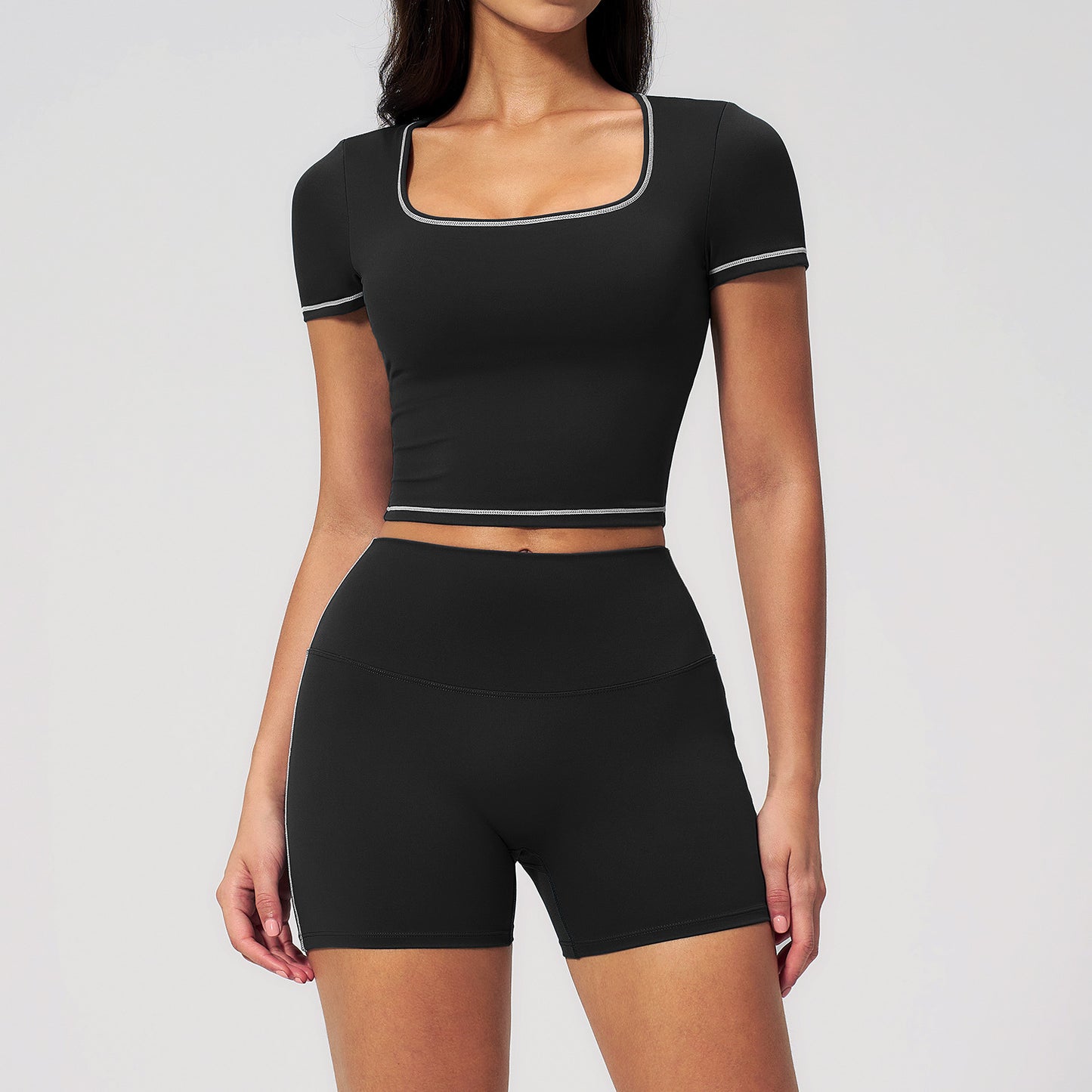 New quick-drying short-sleeved yoga set with high-waisted, stretchy athletic shorts