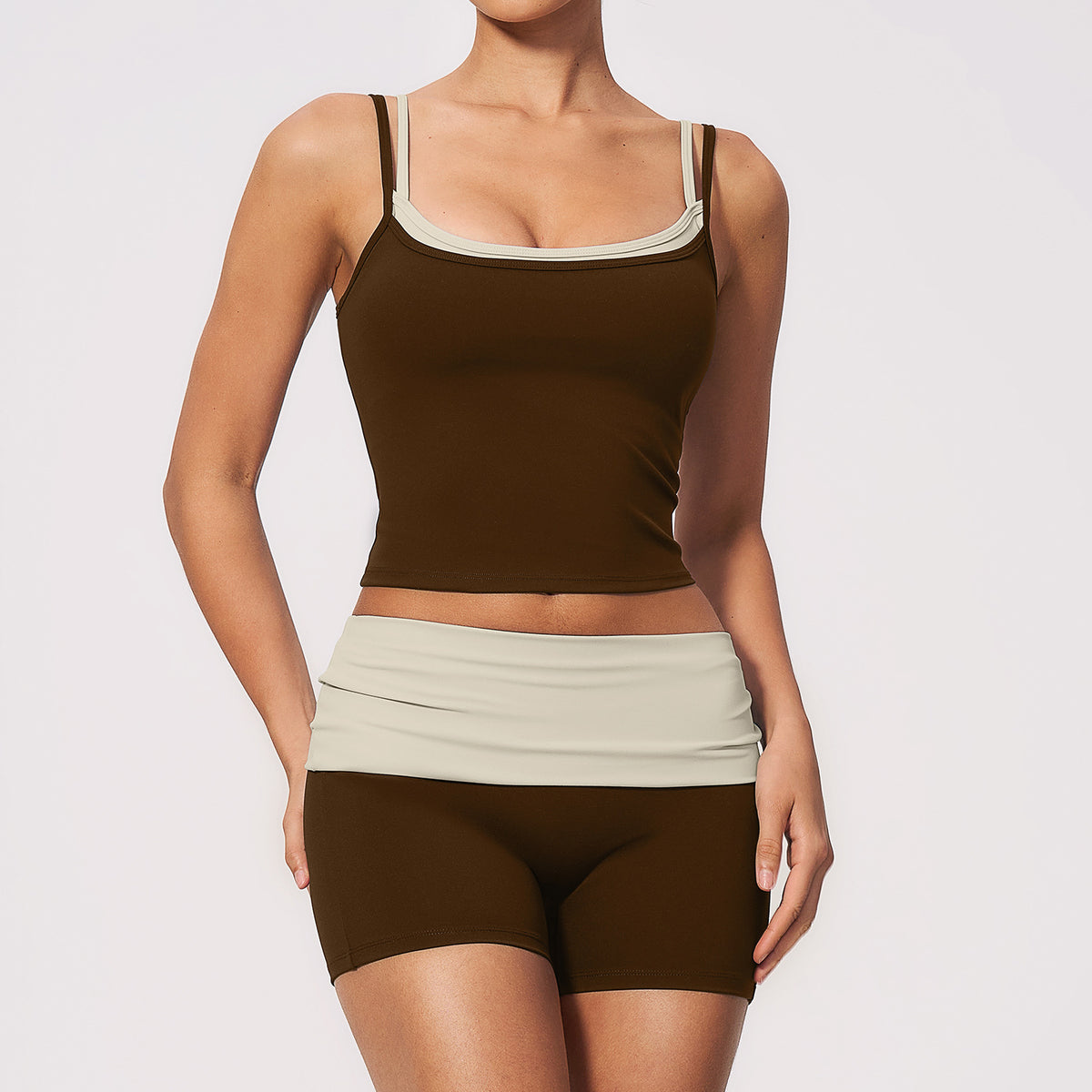 Color-blocked faux two-piece waist-cinching high-waistedhip-lifting fitness yoga wear