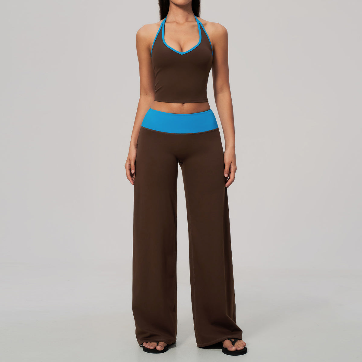 Halter neck color-blocked bras with high-waisted hip-lifting sports quick-drying pants set