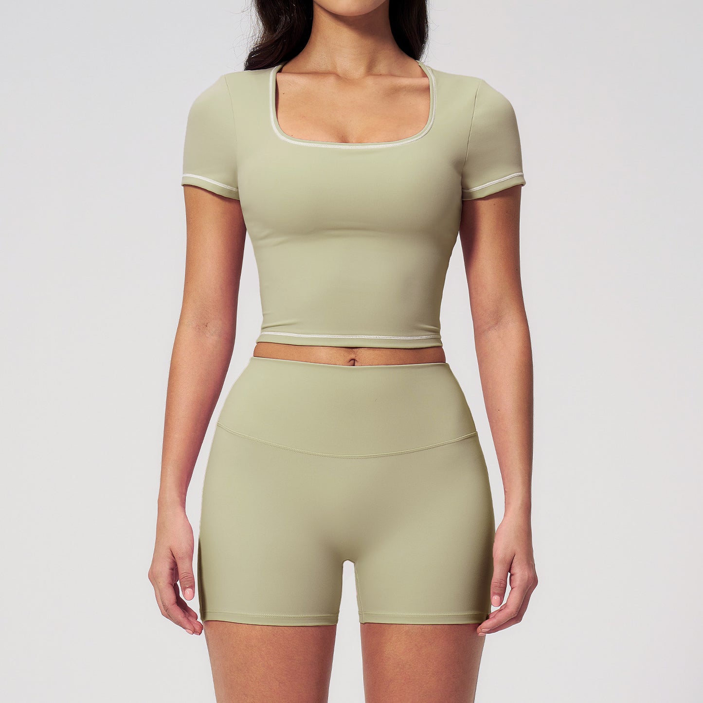 New quick-drying short-sleeved yoga set with high-waisted, stretchy athletic shorts